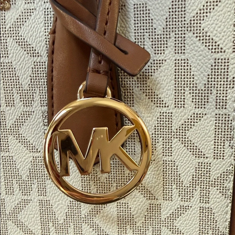 Michael Kors Beige/Chestnut Signature Canvas Satchel with Logo Strap - Picture 5 of 6